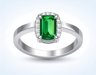 Gleaming emerald-cut gemstone ring set with diamonds on a silver band, isolated on white