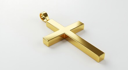 Gleaming gold cross pendant, casting a subtle shadow on a clean, white background