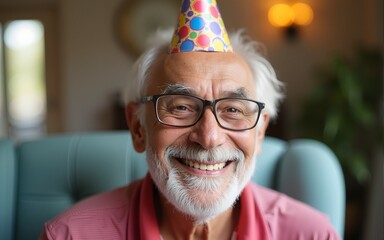 Portrait of a senior Hispanic man celebrating birthday in nursing home. High quality