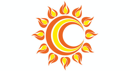 Naklejka premium A vibrant, stylized sun icon featuring a central 'C' shape with radiating flame-like elements in warm orange and yellow hues, isolated on white.