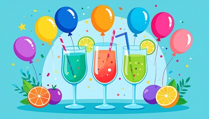 Festive beverages with colorful balloons and fruit decorations.
