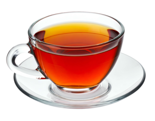 Hot, dark beverage in a clear glass mug on saucer