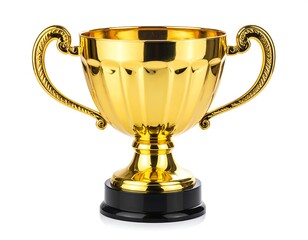 Gleaming gold-colored trophy cup with ornate handles and a black base, isolated on a white background