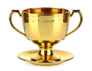 Gleaming golden award cup with handles and matching saucer, reflecting a pristine white background