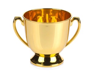 Gleaming, golden award with two handles against a pure white backdrop. A symbol of achievement
