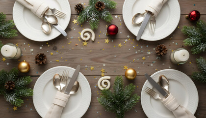 Festive Christmas table setting on rustic wooden background. Holiday dinner flat lay with plates, silverware, red and gold ornaments. Top view with copy space for text