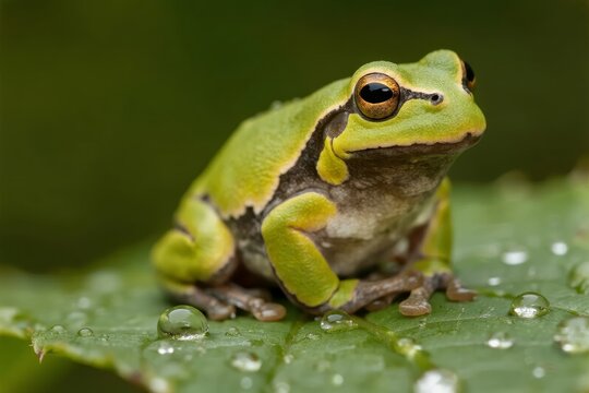 Green tree frog resting on a dew-covered leaf in a natural setting