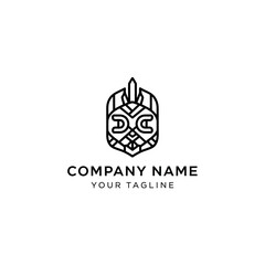 Abstract geometric line art logo featuring a stylized tribal mask or face design, suitable for a company brand.