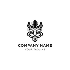 Minimalist line art logo of a stylized tribal owl mask with an ornate headdress for a company brand.