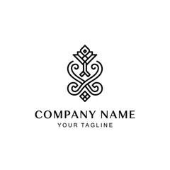 Elegant black and white line art logo featuring a symmetrical, ornate design with floral elements and swirling patterns, suitable for a sophisticated brand.