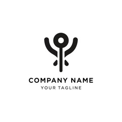 Abstract logo design featuring a stylized figure with raised arms.
