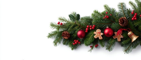 Festive Christmas Garland Border with Evergreen, Berries, Ornaments and Copy Space