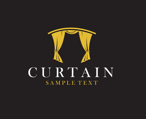 golden icon of theatrical scene with curtains isolated on black background