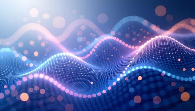 Vibrant digital wave technology background showing data flow with glowing particles and a futuristic wireframe surface