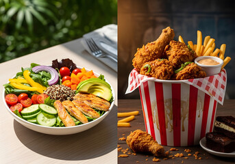 Split screen fresh salad with grilled chicken left and crispy fried chicken with fries right