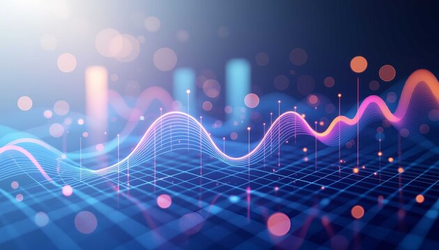 Futuristic digital data visualization showing abstract technology graph waves of financial market analytics and network connection success