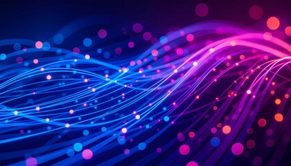 A vibrant, futuristic abstract background displaying dynamic technology lines. This glowing digital network flow is modern and vivid