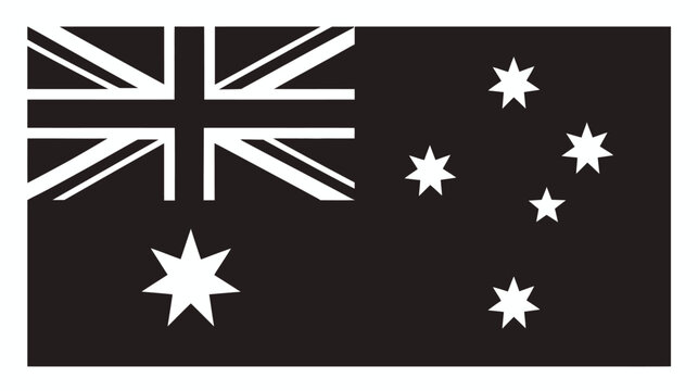 Black and white flag illustration with Union Jack in canton, large seven-pointed star, and Southern Cross constellation design. Vector graphic.