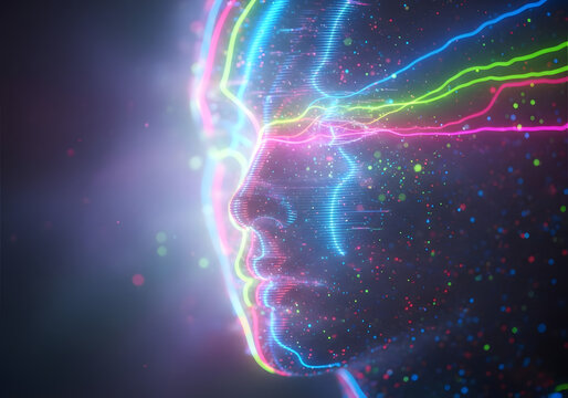 Futuristic neon illuminated face with colorful energy beams emanating from the head