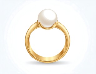 Gleaming golden ring, holding a lustrous pearl, against a soft, radiant white backdrop