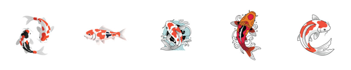 Classic Japanese Ornamental Koi Fish and Water Wave Art Vector Set