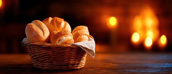 Freshly Baked Bread Rolls in Wicker Basket on Wooden Table with Warm Bokeh