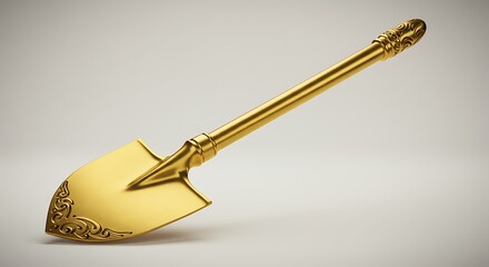 Gleaming, ornate golden shovel rendered on a clean, light-colored background