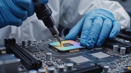 Precision Electronics Repair - Expertly Fixing a Motherboard in a Lab.