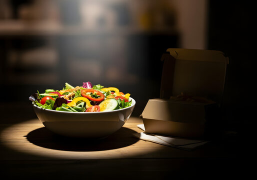 Colorful salad bowl with mixed vegetables on a wooden table under warm spotlight - Powered by Adobe