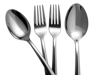Gleaming silverware, two forks and two spoons, angled, with brilliant reflections against white backdrop