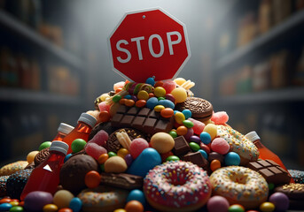 Stop sign amid colorful candy chocolates donuts and sprinkles stacked in a store scene