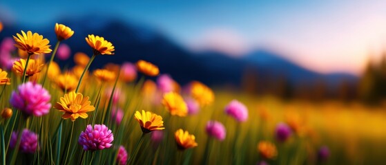 Fototapeta premium Vibrant Field of Wildflowers in Golden Hour Light