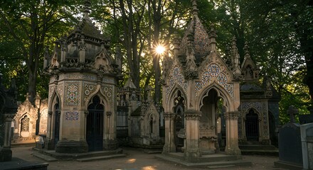 Glimpse of aged tombstones and monuments under a canopy of trees at sunrise