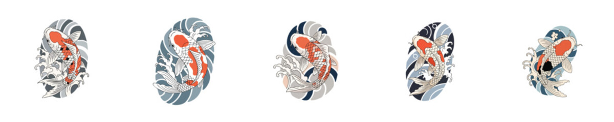 Intricate Japanese Design Koi Fish and Complex Wave Art Vector Set