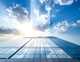 Gleaming skyscraper against blue sky with dramatic clouds and sunlight, a modern architectural marvel