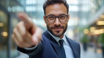 Businessman pointing, urban setting, confident pose, stock photo