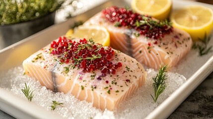 Prepared Salmon Fillets, Ready for Cooking, garnished with berries and herbs