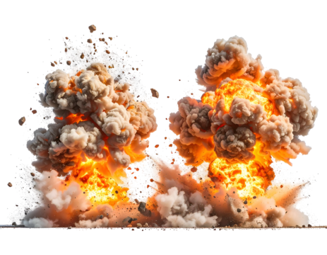 Two fiery, smoke-filled bursts of debris