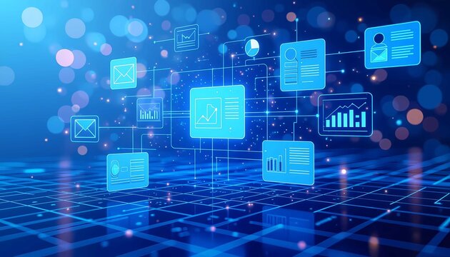 Futuristic digital network interface displaying data analytics for business communication