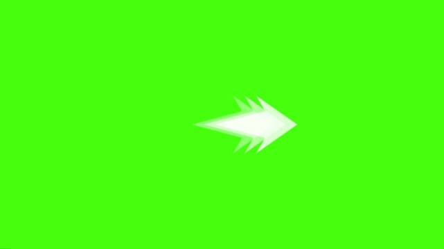 White glowing motion arrow pointing right with speed lines effect on bright green screen background I Right arrow blinking animation green screen