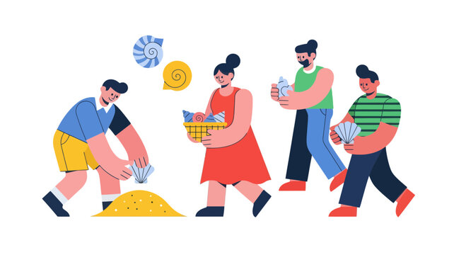People Collecting Beach Shells And Sea Treasures On A Summer Day Illustration