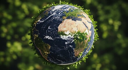 Globe embraced by foliage, emphasizing earth's environment amidst blurred green leaves