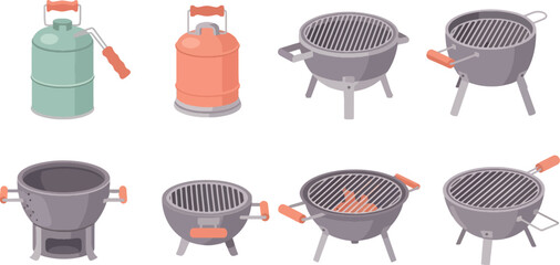 Set of Barbecue Grills and Gas Canisters in Flat Style