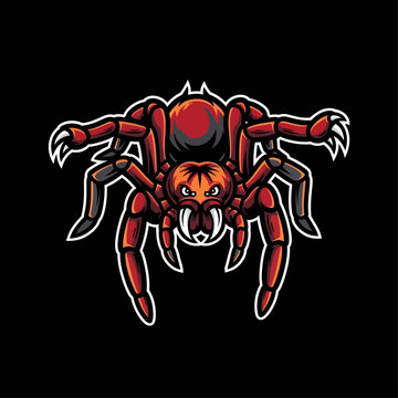 A menacing, stylized illustration of a large, red and black tarantula spider with sharp fangs and claws, set against a stark black background.