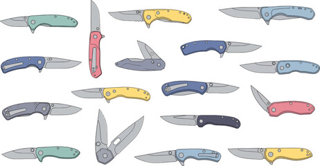 Collection of Colorful Folding Knives in Various Sizes and Styles