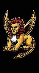 Fototapeta premium A golden sphinx with red hair, wings, and an angry expression, set against a black background.