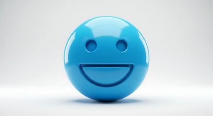 Glossy 3D rendering of a bright blue emoji with a happy expression on a white backdrop
