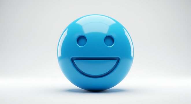 Glossy 3D rendering of a bright blue emoji with a happy expression on a white backdrop