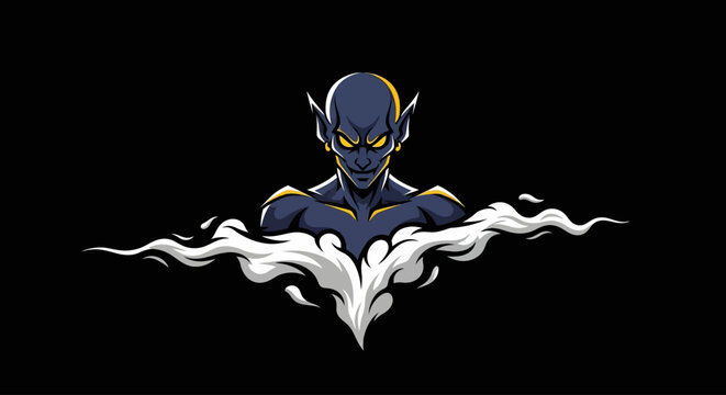 Illustration of a dark elf emerging from a cloud of smoke on a black background.