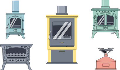 Collection of Vintage Stoves and Fireplace with Retro Style and Pastel Colors